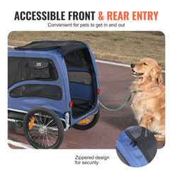 Blue and black dog bike trailer with a folding frame and 100 lbs capacity for pet transport.