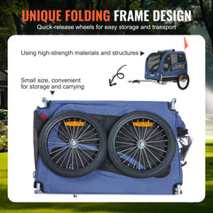 Blue and black dog bike trailer with a 100 lbs capacity and foldable design for easy storage.