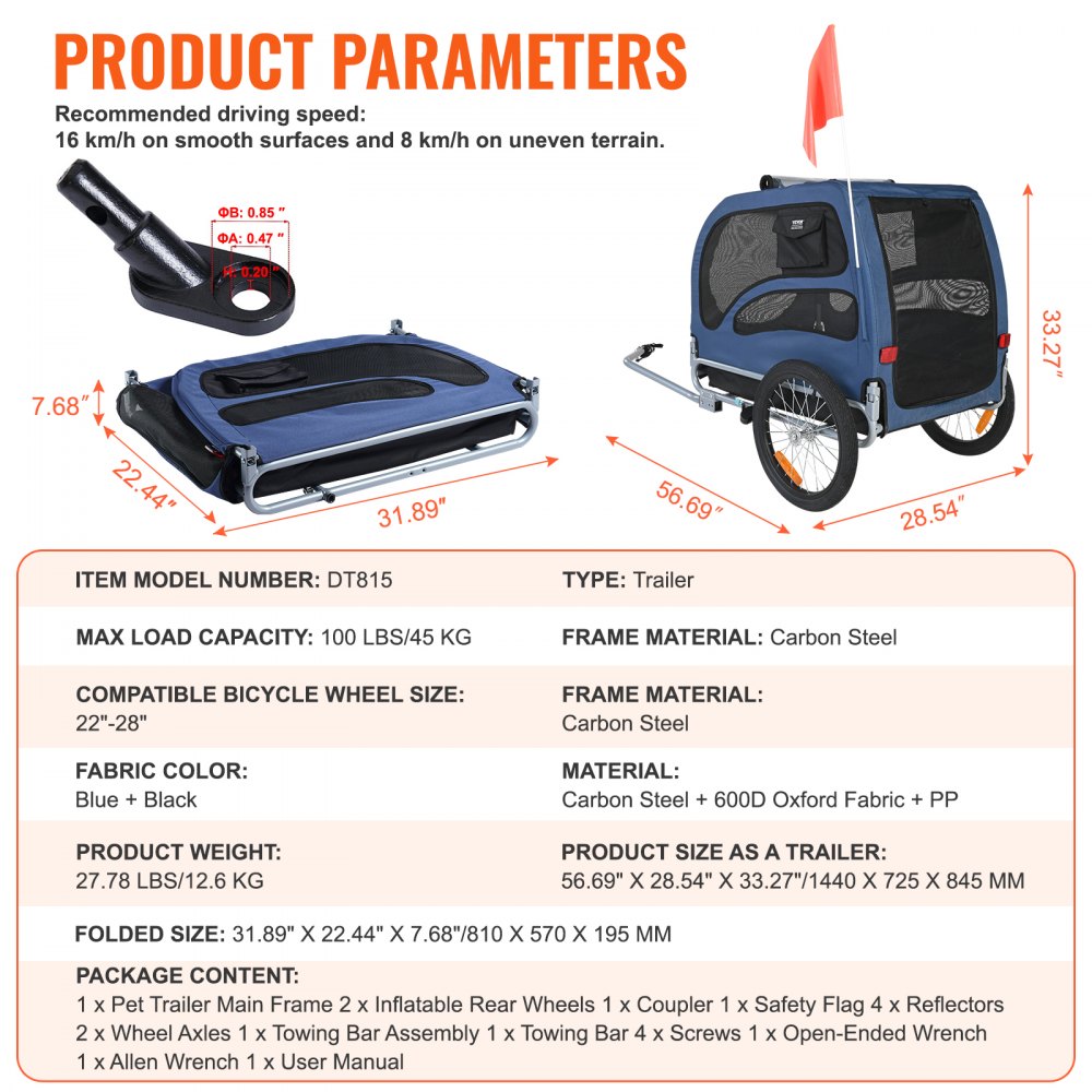 Blue and black dog bike trailer with a folding frame and 100 lbs capacity for pet transport.