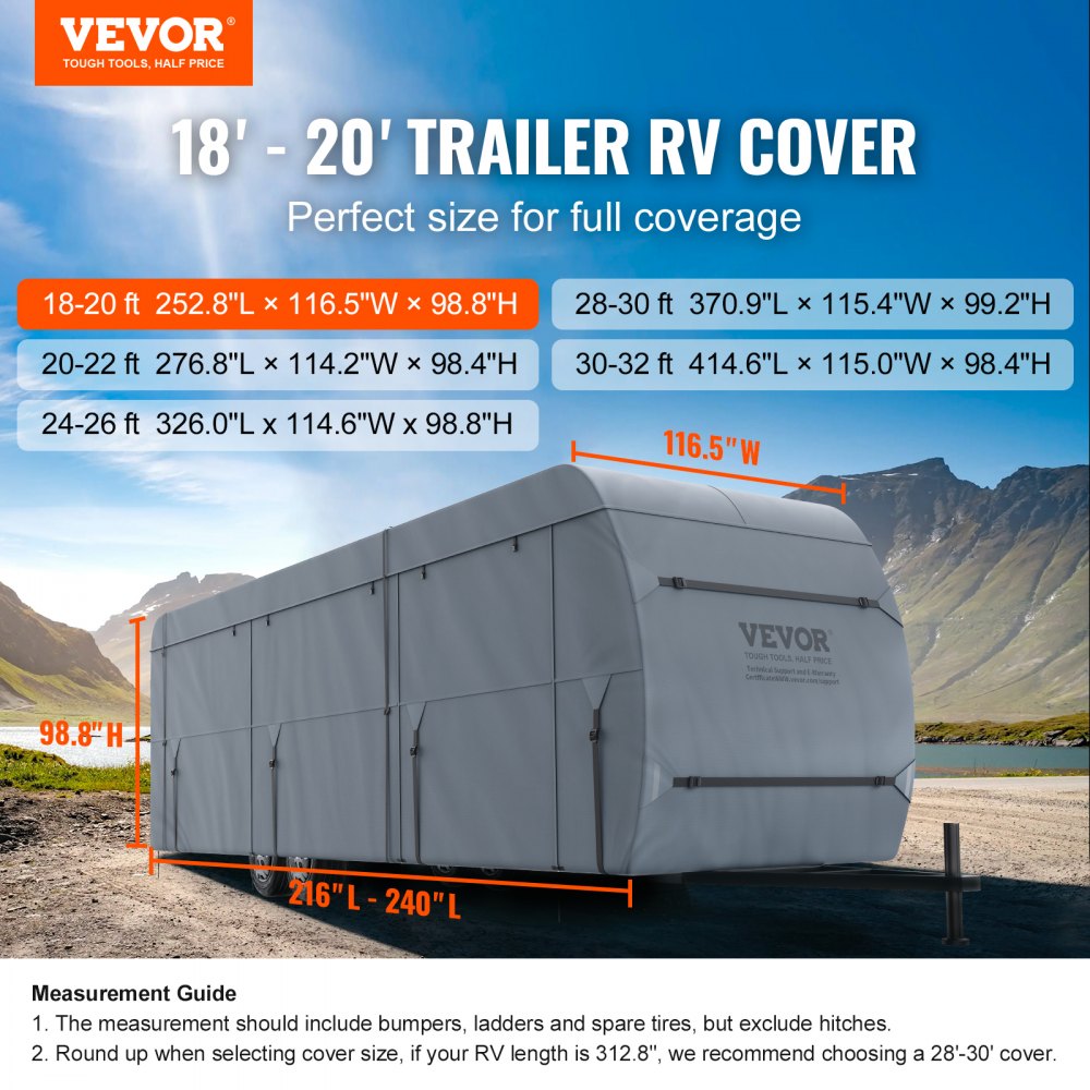 Travel Trailer Cover, 18-20` RV Cover, 4-Layer Non-Woven Fabric Camper Cover, Waterproof, Windproof And Wear-Resistant Class A RV Cover, Rip-Stop Camper Cover with Storage Bag and Patches