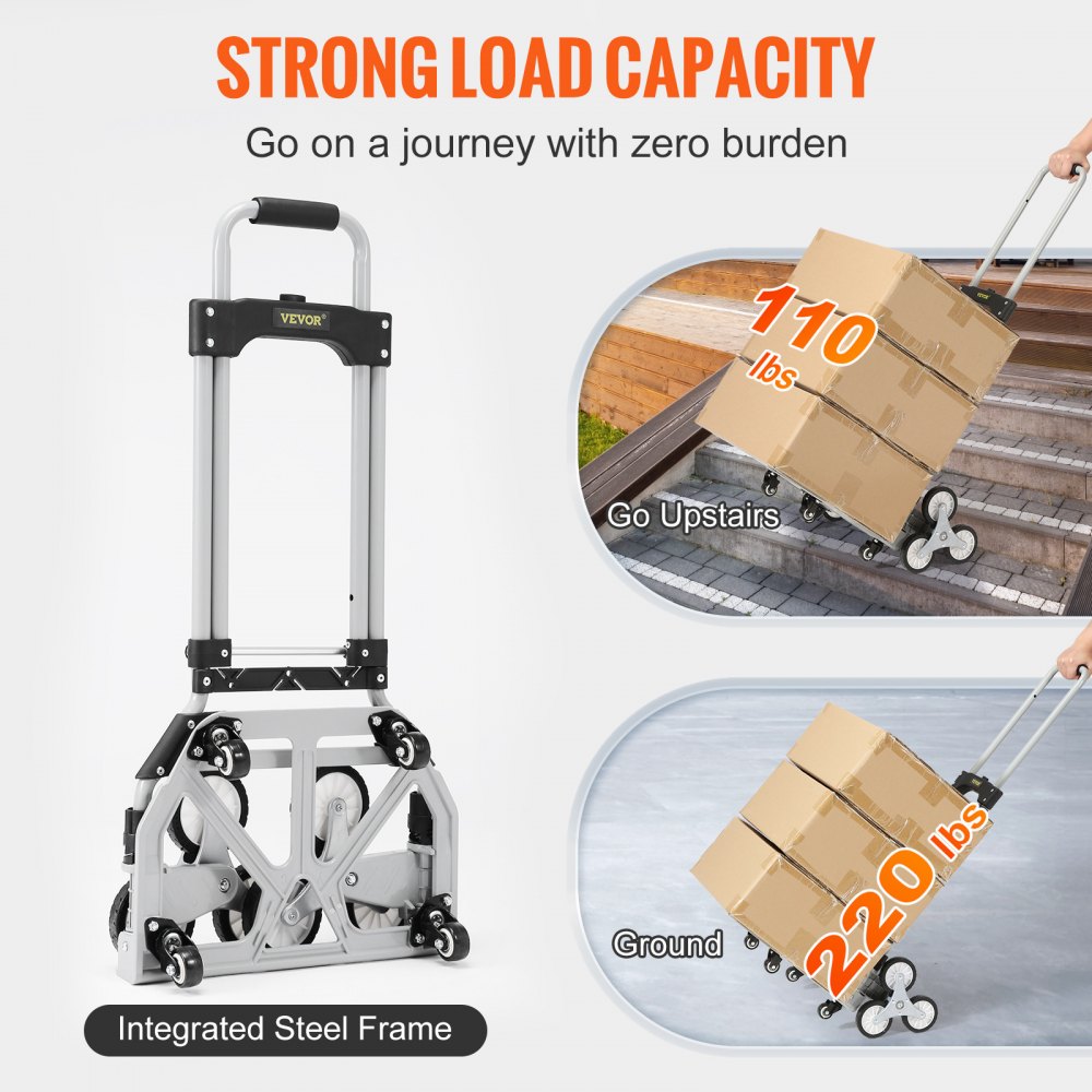 Stair Climbing Cart, 220 lbs Capacity Hand Truck with Adjustable Handle, Folding Dolly Cart for Stairs, Stair Climbing Dolly Hand Carts with 10 Wheels for Shopping, Moving, Office Use