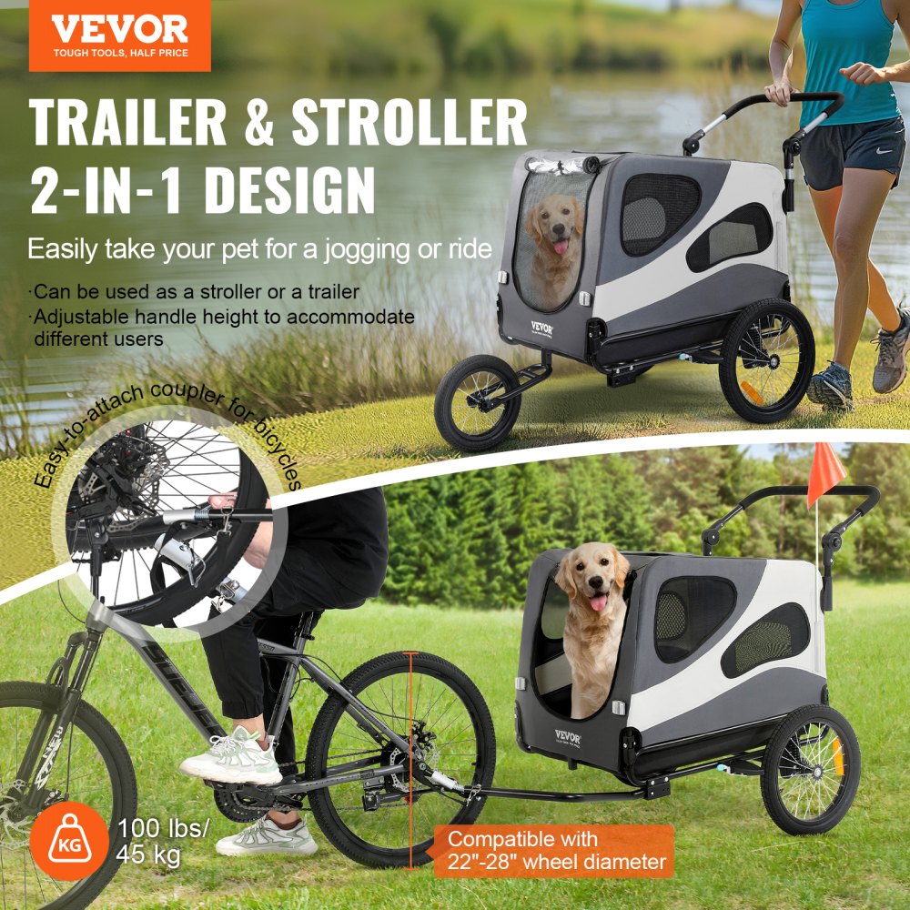 Black and gray Bostome 2-in-1 dog bike trailer and stroller with adjustable ventilation.