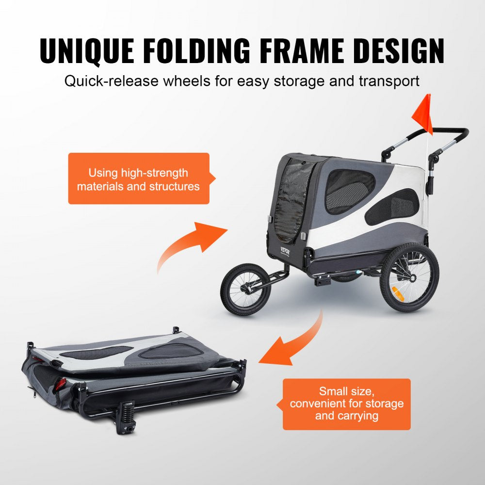 Black and gray 2-in-1 dog bike trailer and stroller with a 100 lbs capacity and foldable design.