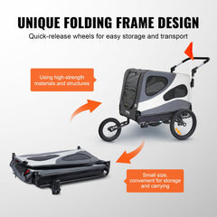 Black and gray 2-in-1 dog bike trailer and stroller with a 100 lbs capacity and foldable design.