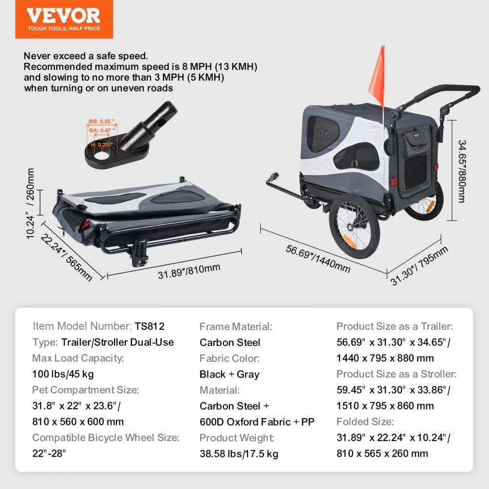 Black and gray 2-in-1 dog bike trailer and stroller with a 100 lbs capacity.