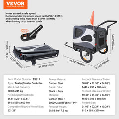 Black and gray 2-in-1 dog bike trailer and stroller with a 100 lbs capacity.