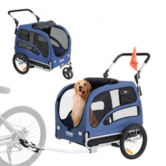 Blue Bostome dog bike trailer with stroller handle, mesh sides, and golden retriever inside, attached to bike.
