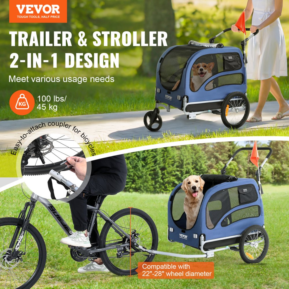 Blue and black 2-in-1 dog bike trailer and stroller with 100 lbs capacity, shown with dogs inside and attached to a bicycle.