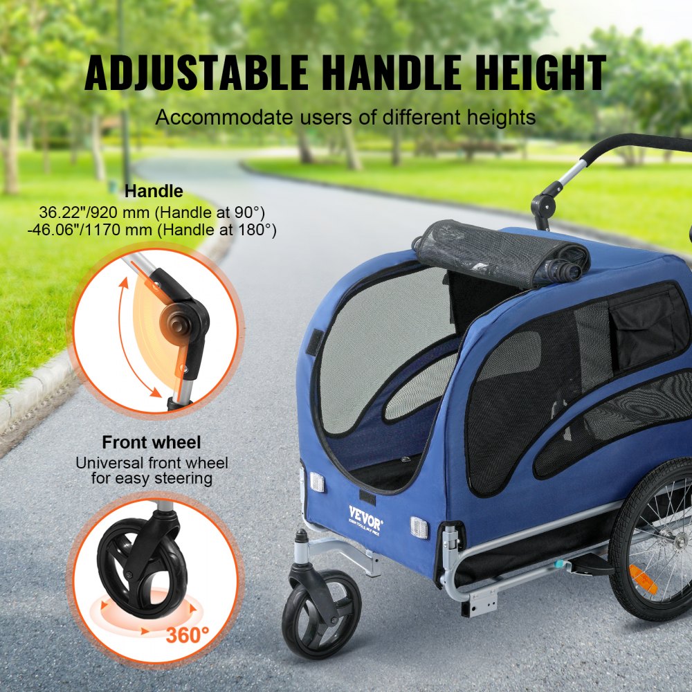 Blue and black Bostome dog bike trailer with mesh sides and adjustable handle height.