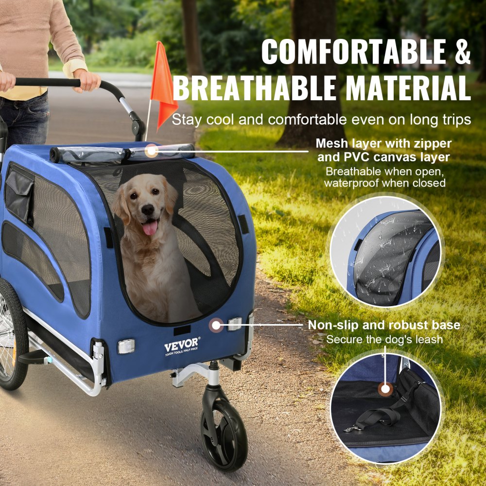 Blue and black dog bike trailer with mesh sides and a golden retriever inside.