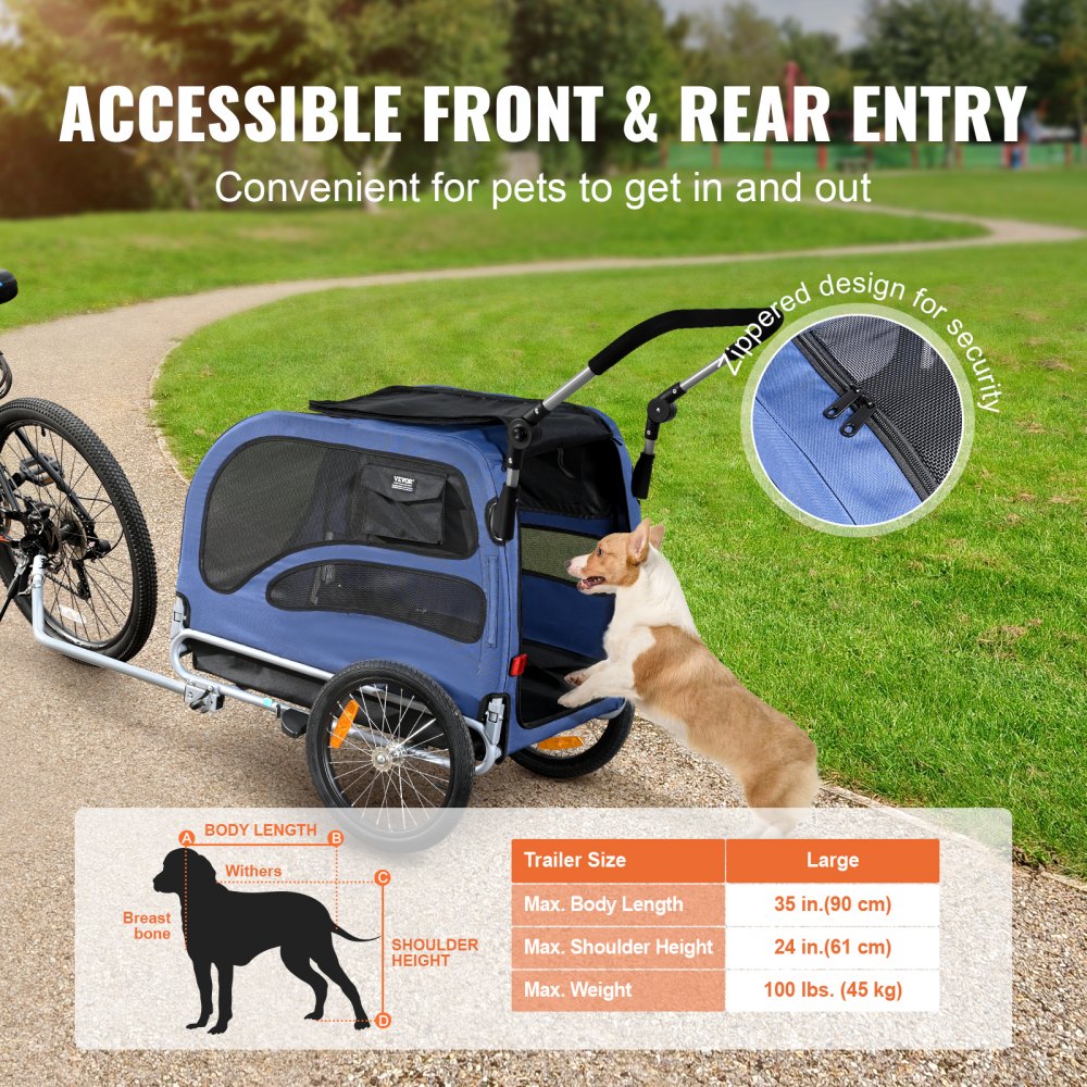 Blue and black Bostome dog bike trailer with stroller, showing front/rear entry and 100 lbs capacity.