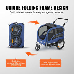 Blue Bostome dog bike trailer folded compactly with quick-release wheels, shown unfolding into stroller mode.
