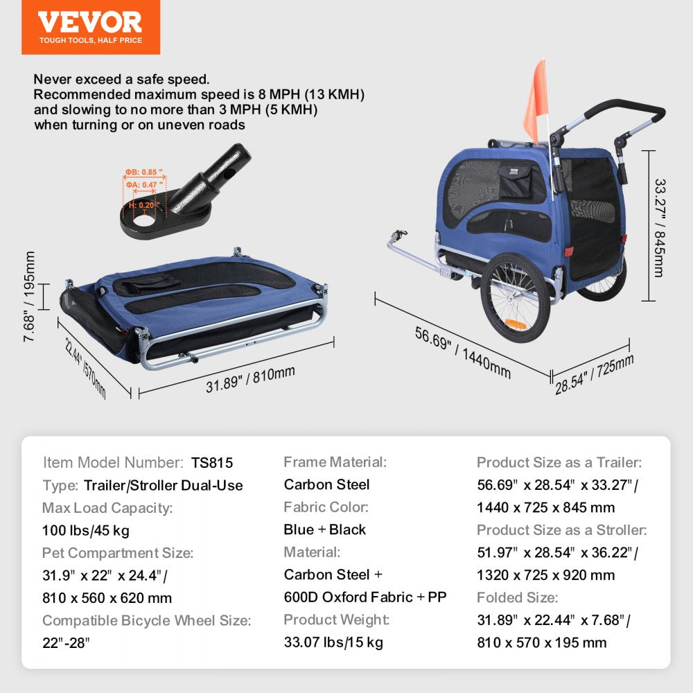 Blue and black dog bike trailer and stroller with mesh windows and foldable frame.