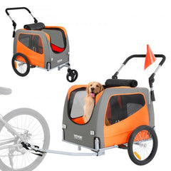 Orange and gray 2-in-1 dog bike trailer and stroller with adjustable handle and mesh doors.
