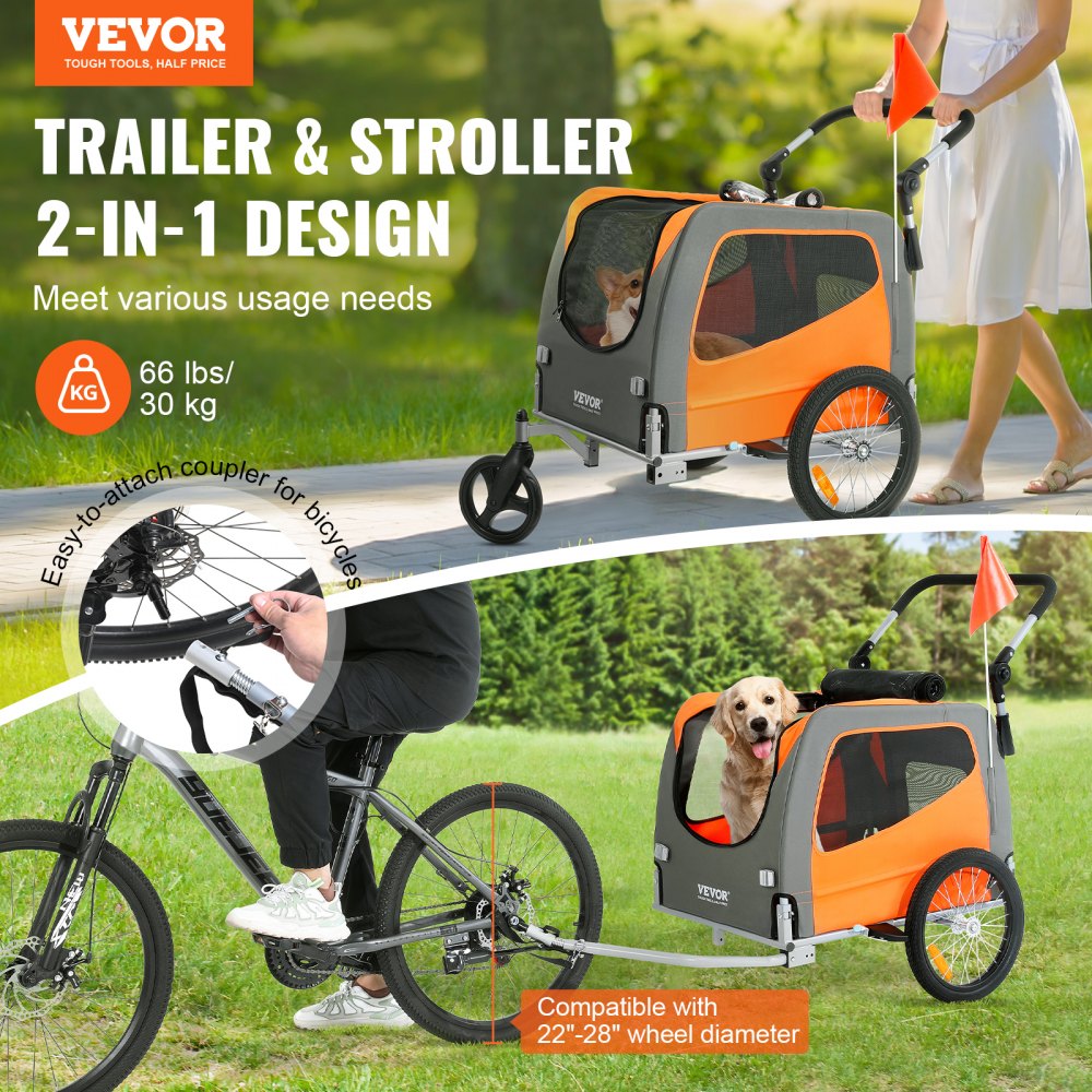 Orange and gray Bostome 2-in-1 dog bike trailer and stroller with zippered mesh doors.