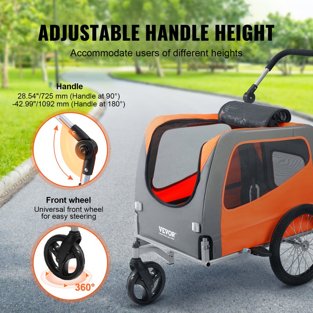Orange and gray 2-in-1 dog bike trailer and stroller with adjustable handle and mesh doors.