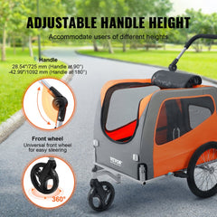 Orange and gray 2-in-1 dog bike trailer and stroller with adjustable handle and mesh doors.