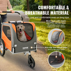 Orange and gray 2-in-1 dog bike trailer and stroller with adjustable handle and mesh doors.
