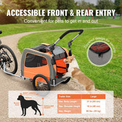 Orange and gray Bostome 2-in-1 dog bike trailer and stroller with adjustable handle and mesh doors.