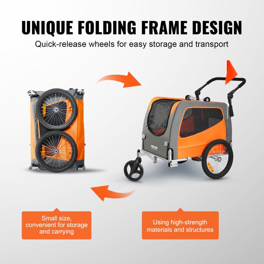 Orange and gray Bostome 2-in-1 dog bike trailer and stroller with a sturdy frame and mesh doors.