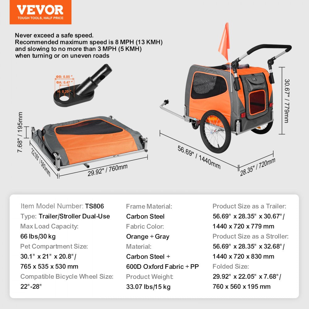 Orange and gray Bostome 2-in-1 dog bike trailer and stroller with zippered mesh doors.