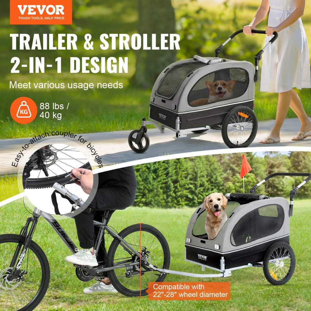 Black and gray 2-in-1 dog bike trailer and pet stroller with adjustable handle and easy access doors.