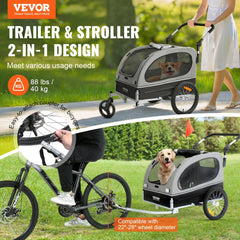 Black and gray 2-in-1 dog bike trailer and pet stroller with adjustable handle and easy access doors.