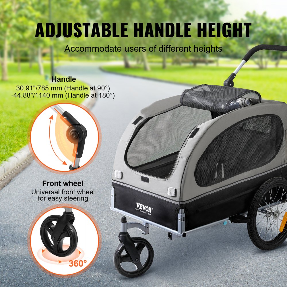 Black and gray 2-in-1 dog bike trailer and pet stroller with adjustable handle and easy access doors.