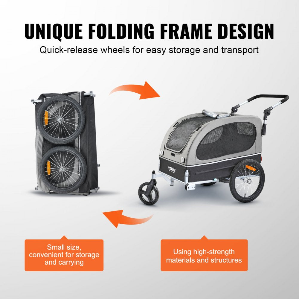 Black and gray 2-in-1 dog bike trailer and pet stroller with adjustable handle and easy access doors.
