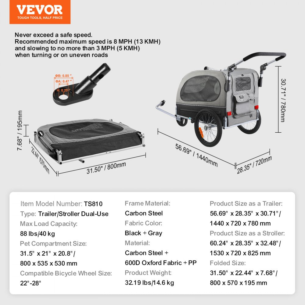 Black and gray 2-in-1 dog bike trailer and pet stroller with adjustable handle and easy access doors.