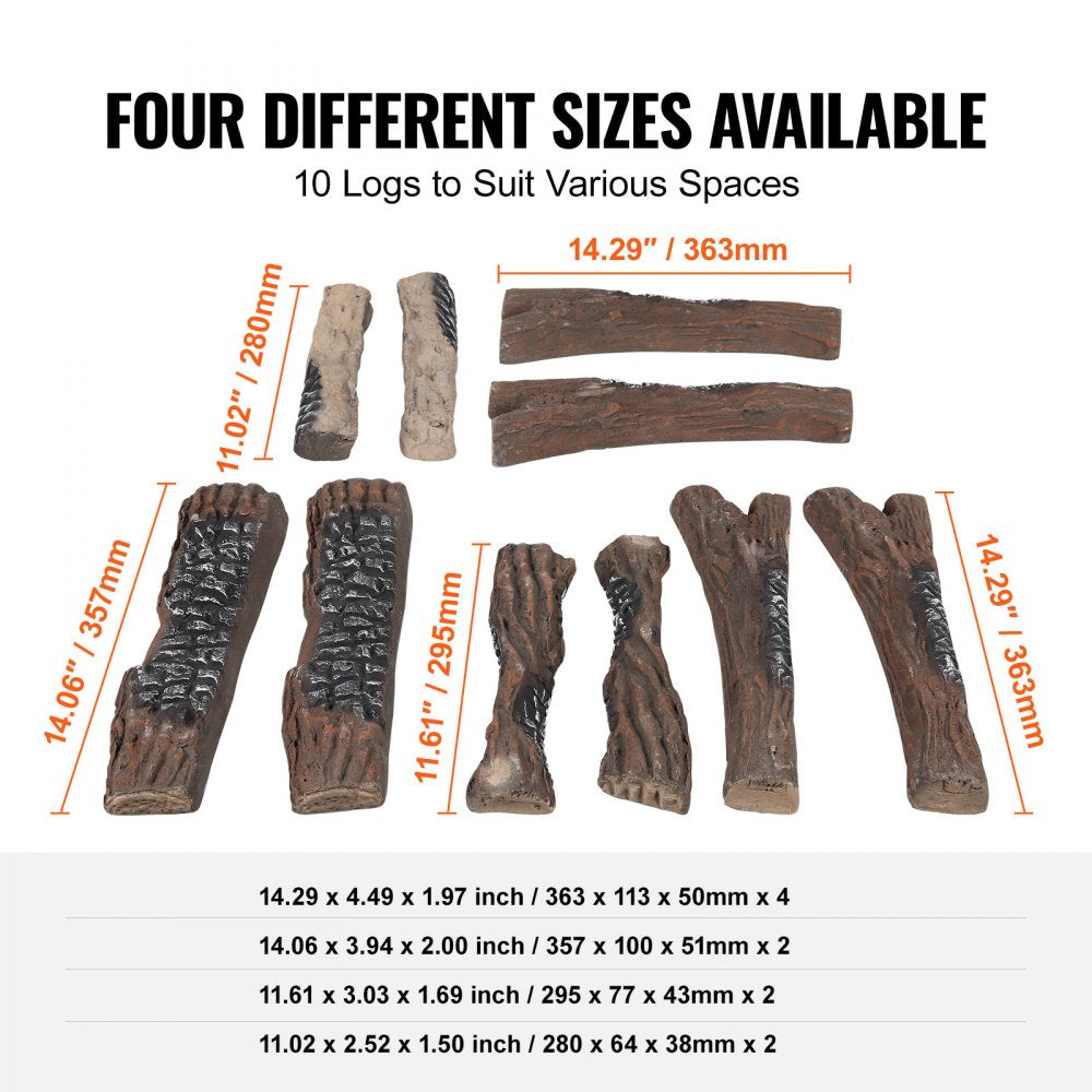 10 Pcs Gas Fireplace Logs, Large Ceramic Logs for Fireplace Decorative, Heat-Resistant Wood Log Gas Realistic Logs, Stackable Wood Branches for Gas Fireplace, Firebowl Indoor or Outdoor