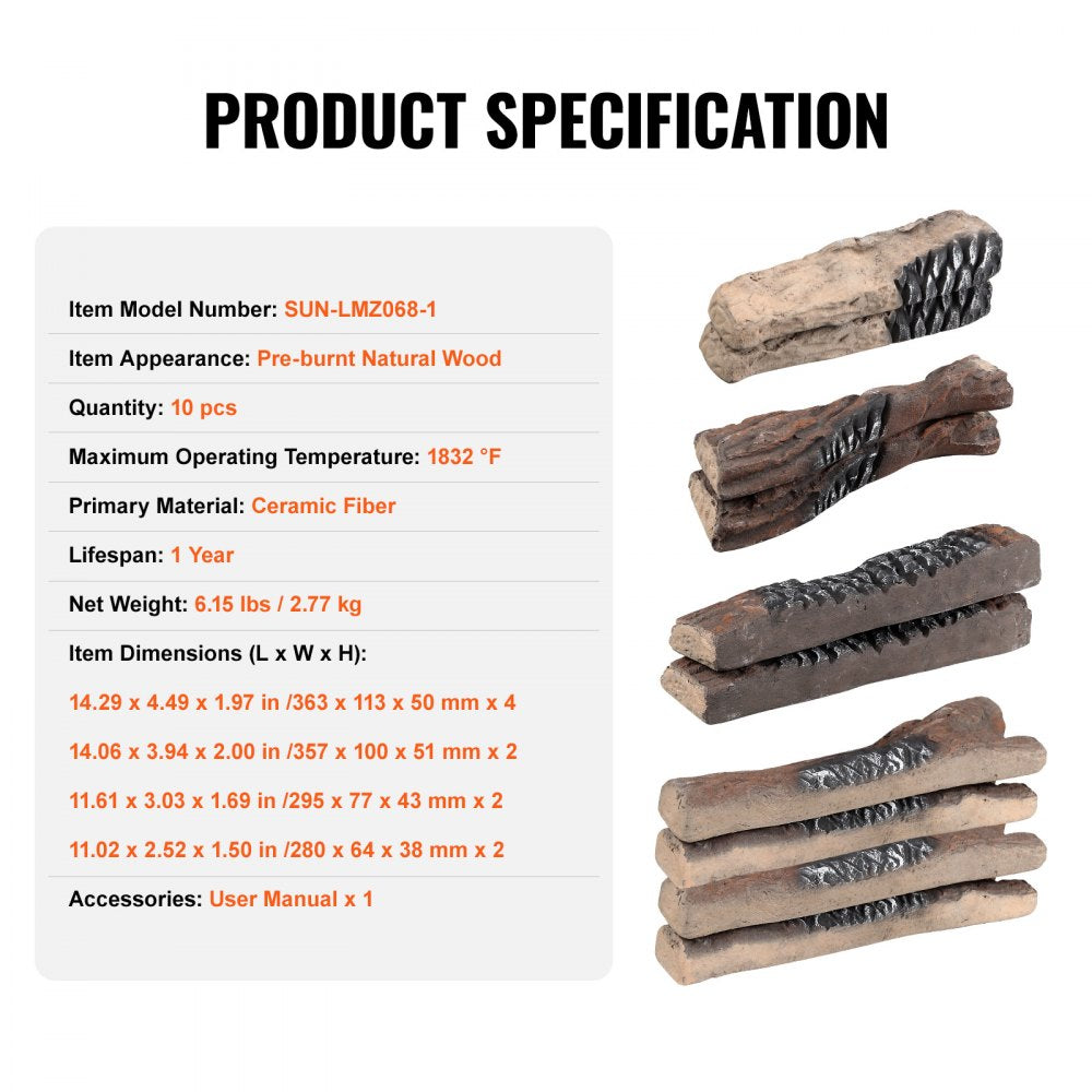 10 Pcs Gas Fireplace Logs, Large Ceramic Logs for Fireplace Decorative, Heat-Resistant Wood Log Gas Realistic Logs, Stackable Wood Branches for Gas Fireplace, Firebowl Indoor or Outdoor