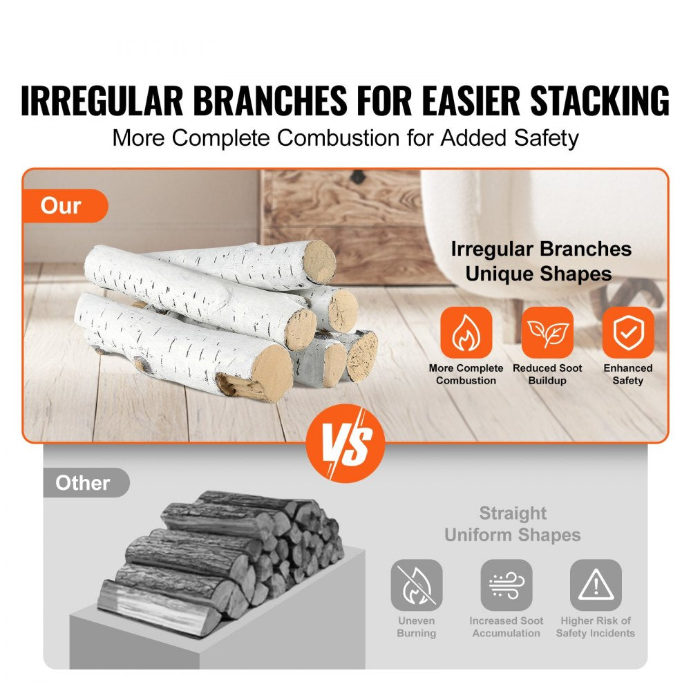 Six ceramic birch logs designed for gas fireplaces, featuring realistic shapes and heat resistance.