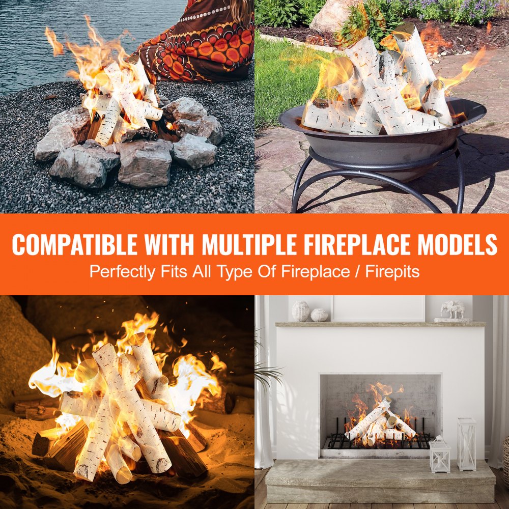 Six ceramic birch gas fireplace logs with realistic shapes and heat-resistant properties.
