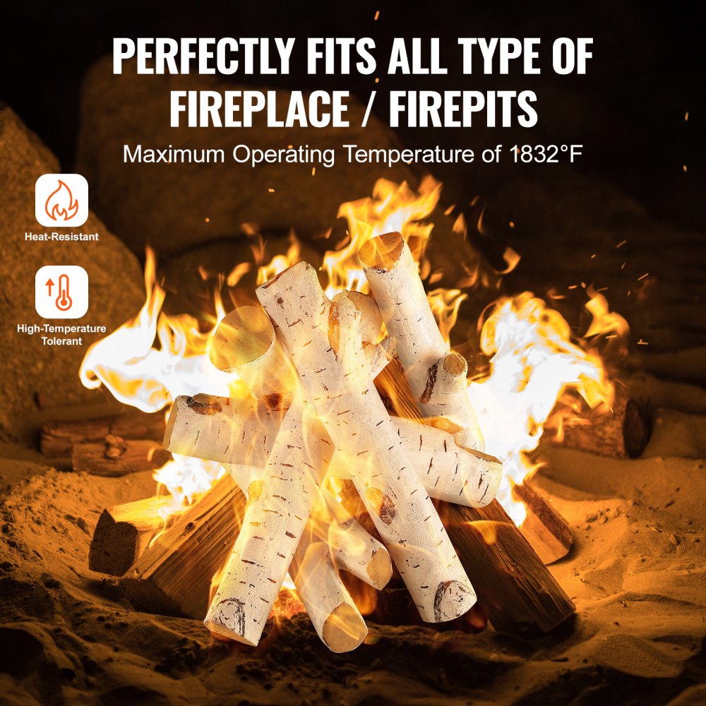 Six ceramic birch gas fireplace logs with realistic shapes and heat-resistant properties.