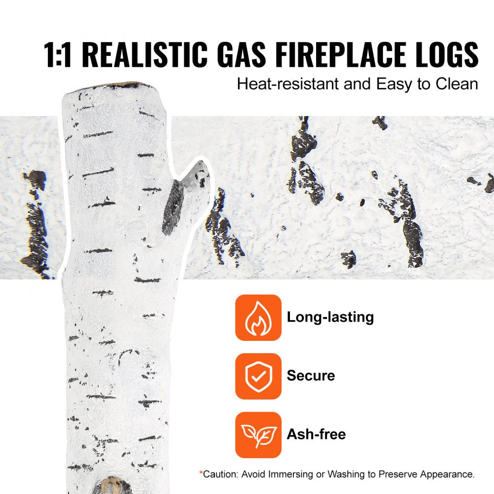 Six ceramic birch gas fireplace logs with realistic branch shapes and heat-resistant design.