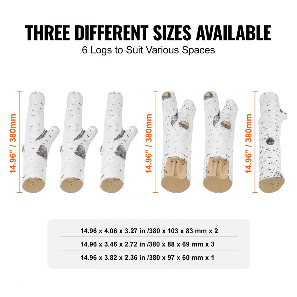 Six ceramic birch logs with realistic shapes for gas fireplaces, heat-resistant and easy to stack.