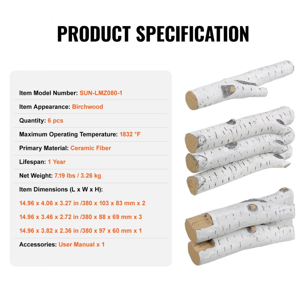 Six ceramic birch gas fireplace logs with realistic branch shapes and heat-resistant properties.