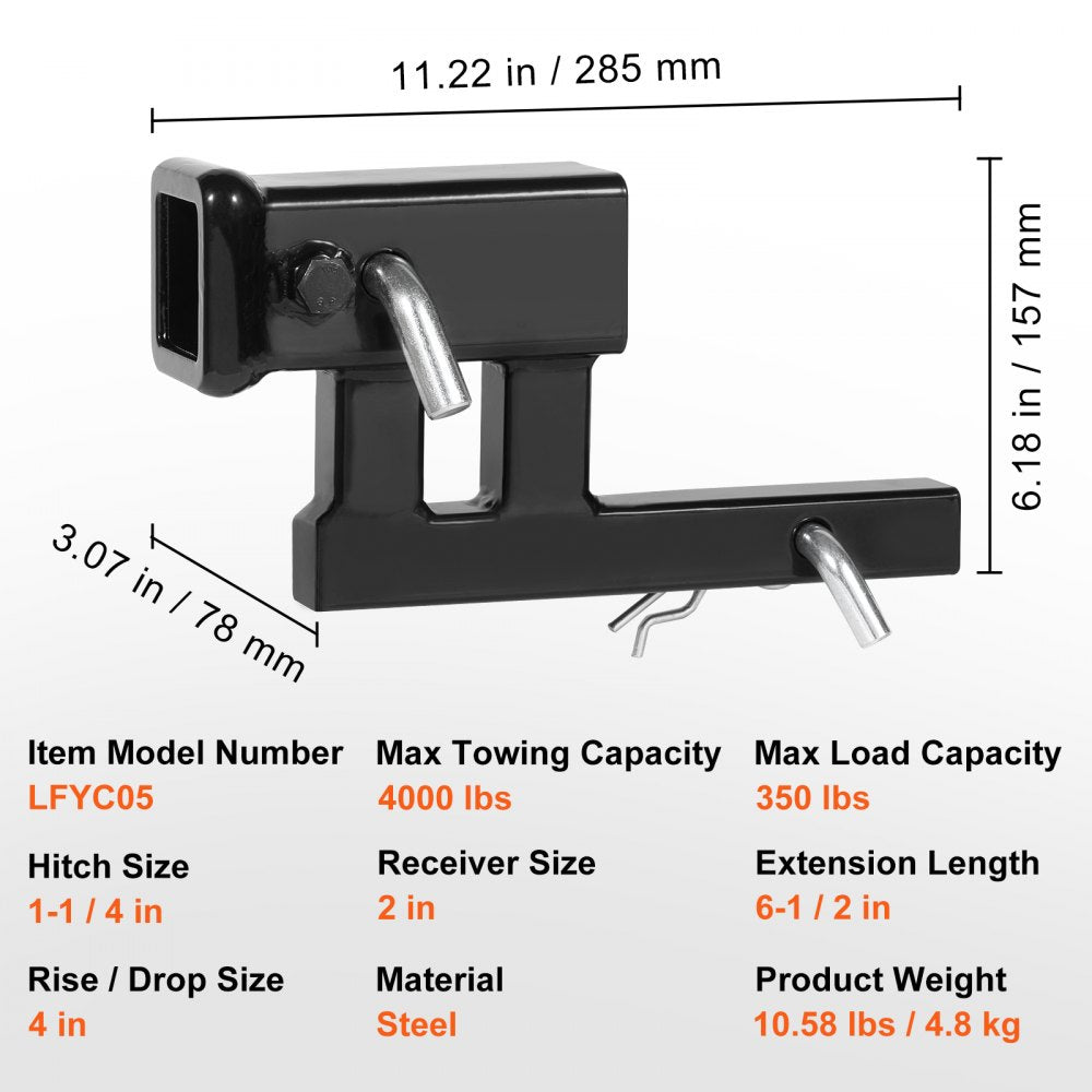 Hitch Adapter, 1-1/4" to 2" Receiver Hitch Extender Extension, Trailer Hitch Riser with 4" Rise/Drop, 6-1/2" Extension Length, 4000 lbs Towing Capacity, Hitch Pins, Bolt and Nut Included, Black