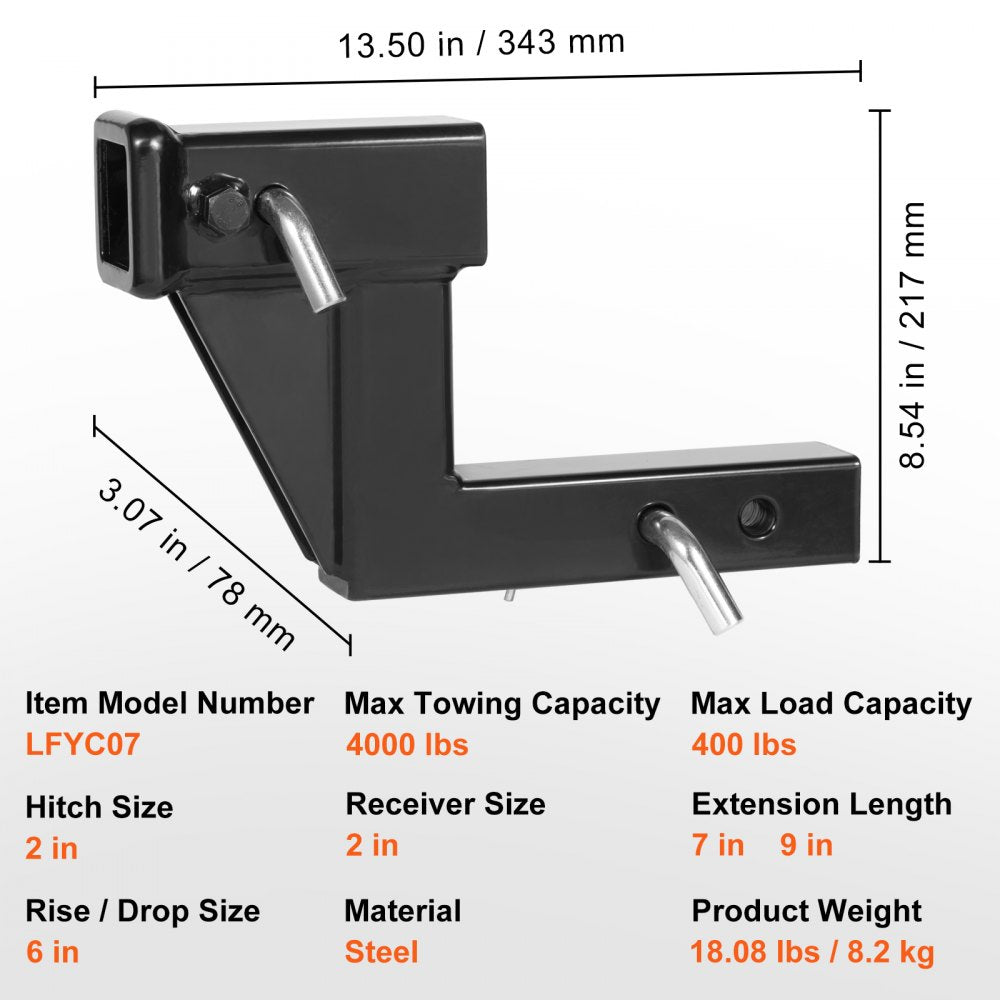 Trailer Hitch Riser, for 2" Receiver with 6" Rise/Drop, Trailer Receiver Hitch Extender Extension Adapter, 7" and 9" Extension Length, 4000 lbs Max Towing Capacity, Hitch Pins Included, Black