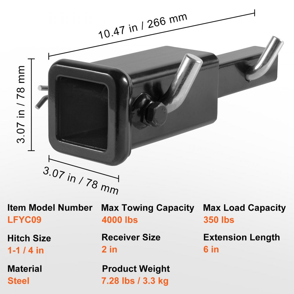 Trailer Hitch Extender, 1-1/4" to 2" Receiver Hitch Adapter, Trailer Hitch Extension Tube Extender, 6" Extension Length, 4000 lbs Towing Capacity, Hitch Pins, Clips, Bolt and Nut Included, Black
