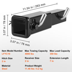 Trailer Hitch Extender, Fits for 2" Receiver Hitch Adapter, Trailer Hitch Extension Tube Extender, 7" Extension Length, 4000 lbs Towing Capacity, Hitch Pins, Clips, Bolt and Nut Included, Black