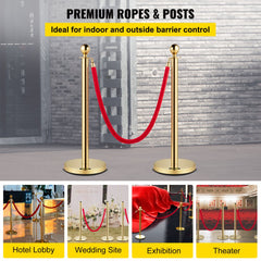 Velvet Ropes and Posts, 5 ft/1.5 m Red Rope, Stainless Steel Gold Stanchion with Ball Top, Red Crowd Control Barrier Used for Theaters, Party, Wedding, Exhibition, Ticket Offices 2 Pack Sets
