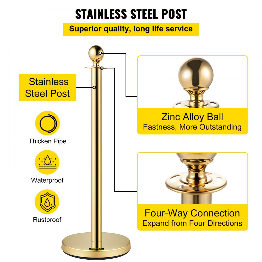 Velvet Ropes and Posts, 5 ft/1.5 m Red Rope, Stainless Steel Gold Stanchion with Ball Top, Red Crowd Control Barrier Used for Theaters, Party, Wedding, Exhibition, Ticket Offices 2 Pack Sets