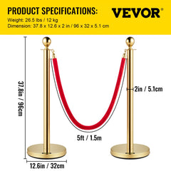 Velvet Ropes and Posts, 5 ft/1.5 m Red Rope, Stainless Steel Gold Stanchion with Ball Top, Red Crowd Control Barrier Used for Theaters, Party, Wedding, Exhibition, Ticket Offices 2 Pack Sets