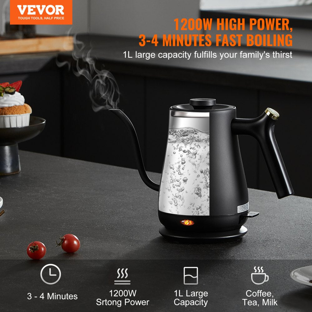 1L Electric Gooseneck Kettle, 1200W Fast Heating Gooseneck Pour Over Coffee Tea Kettle, 304 Food Grade Stainless Steel Hot Water Boiler Heater with Boil-Dry Protection, Auto Shut-off
