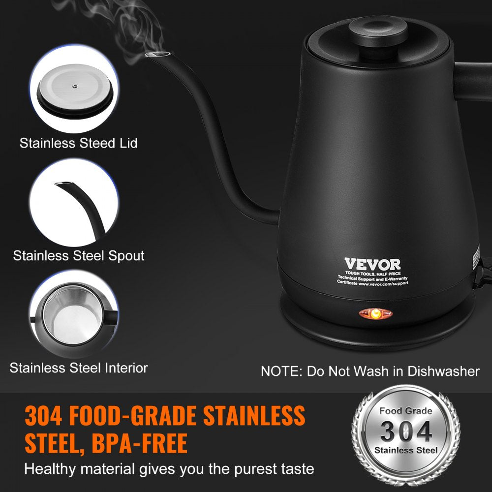 1L Electric Gooseneck Kettle, 1200W Fast Heating Gooseneck Pour Over Coffee Tea Kettle, 304 Food Grade Stainless Steel Hot Water Boiler Heater with Boil-Dry Protection, Auto Shut-off