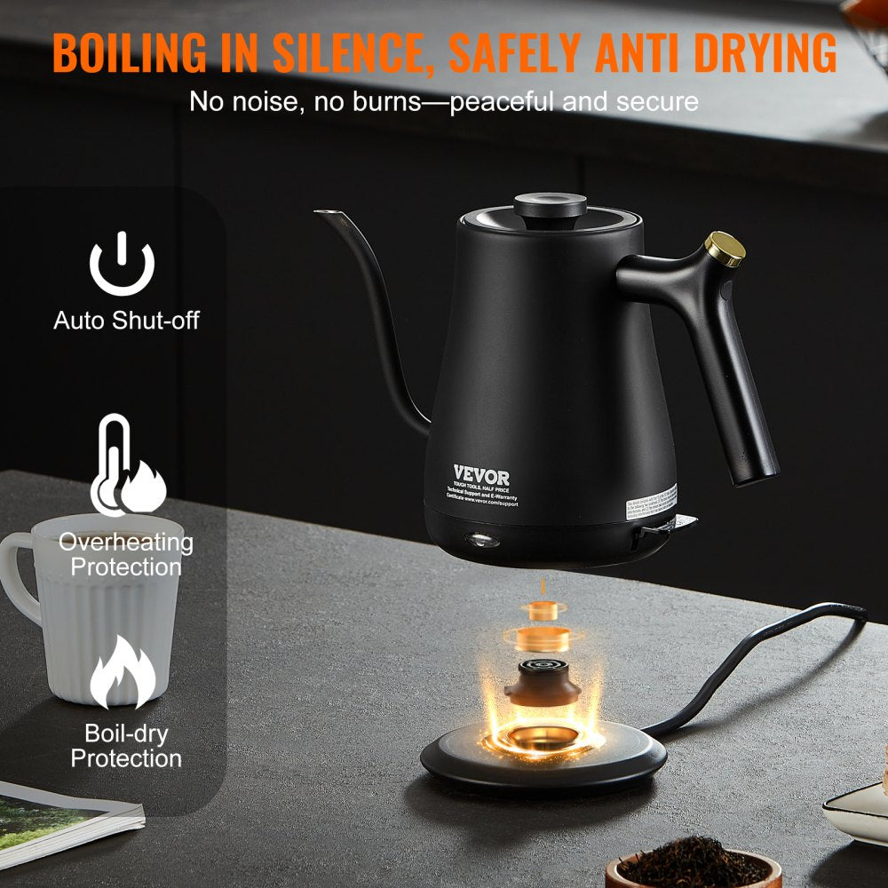 1L Electric Gooseneck Kettle, 1200W Fast Heating Gooseneck Pour Over Coffee Tea Kettle, 304 Food Grade Stainless Steel Hot Water Boiler Heater with Boil-Dry Protection, Auto Shut-off