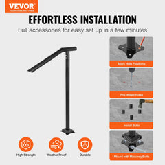 Black iron handrail for 2-3 steps, featuring sturdy construction and floor-mounted design.