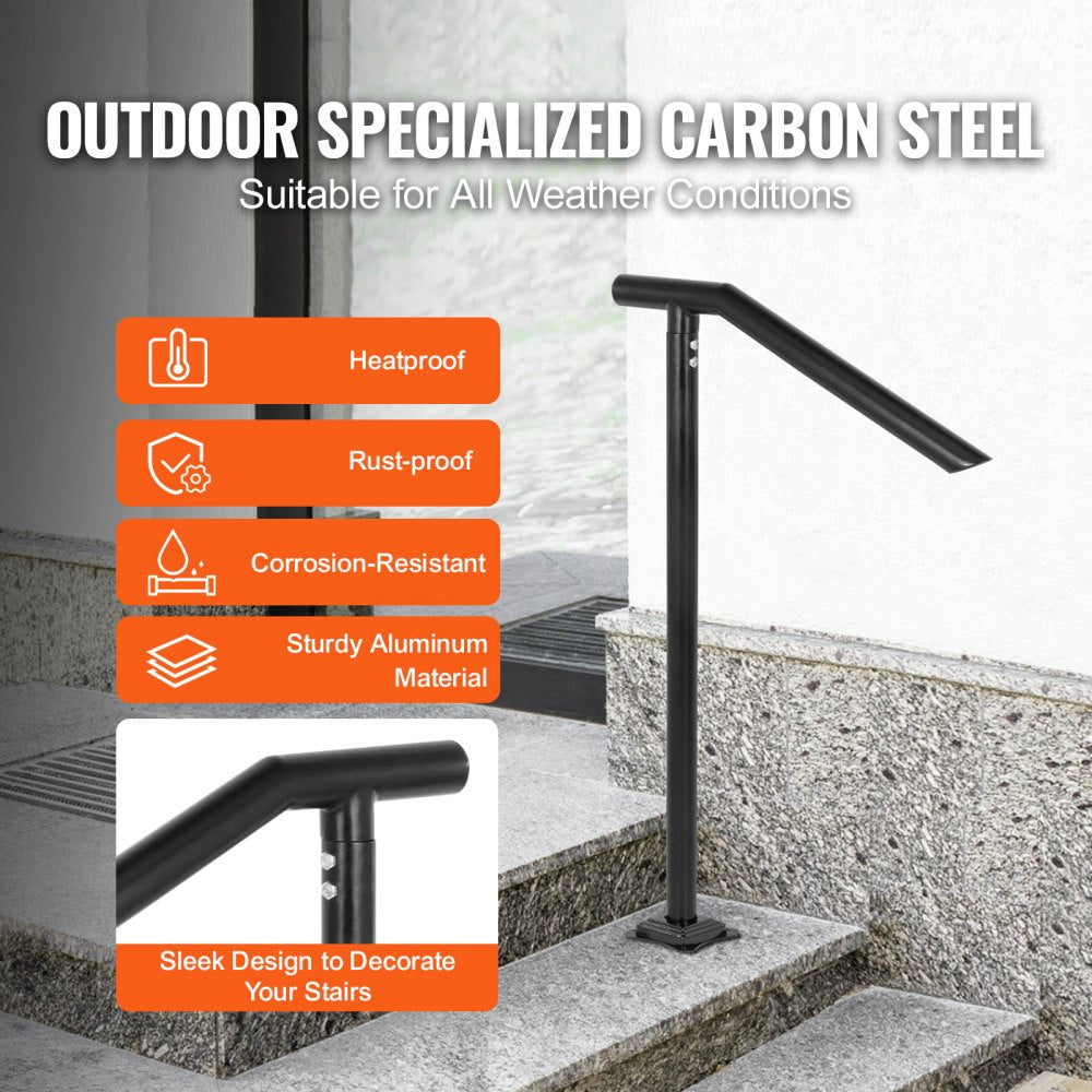 Black iron stair handrail mounted on the floor, designed for 2-3 steps with sturdy support.